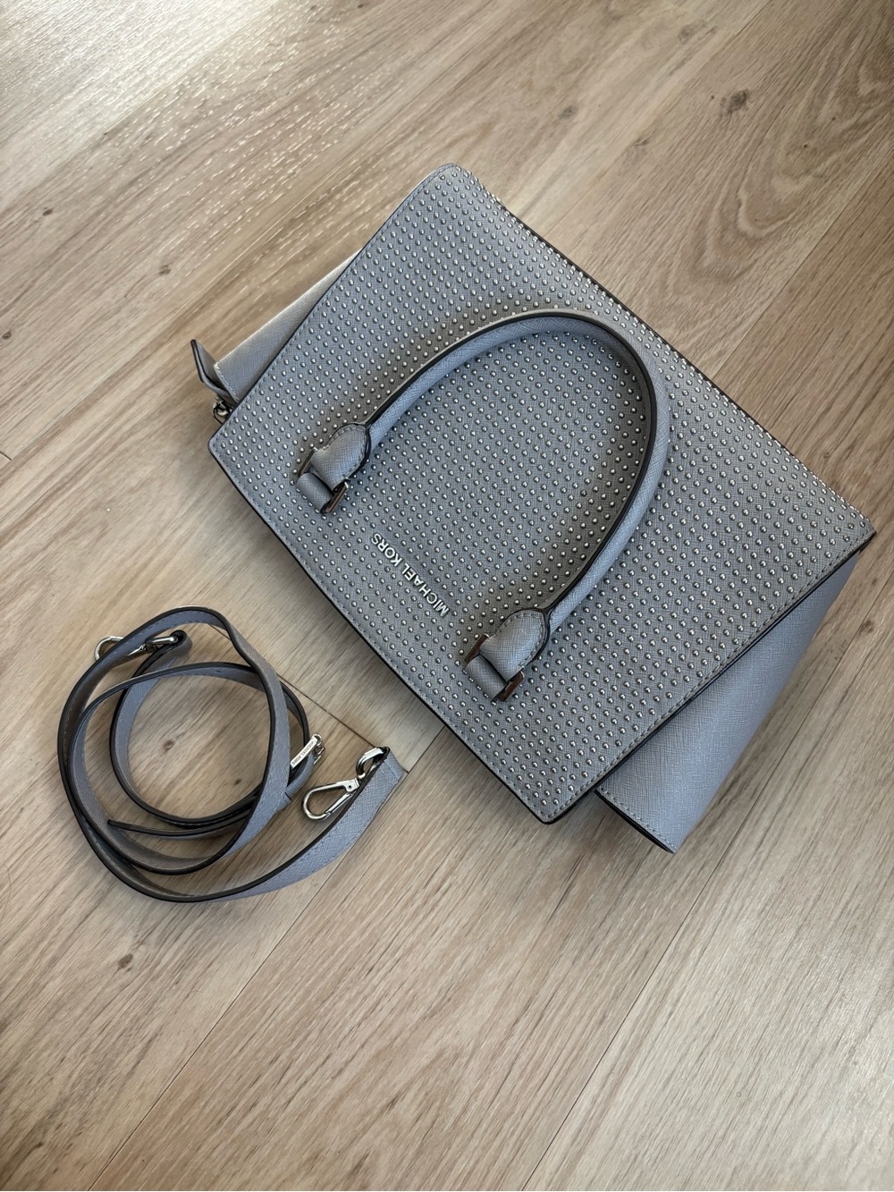 Michael Kors Gray Silver Studded Handbag With Crossbody Strap